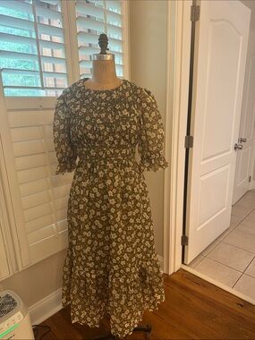 Tecovas Floral Ruffle Midi Dress in Olive Green NWT
